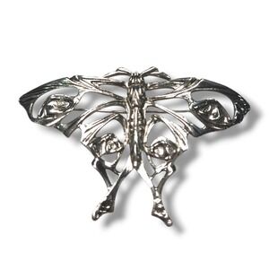 Vintage Moth Butterfly Brooch Openwork Silver Tone Statement Pin Large OS